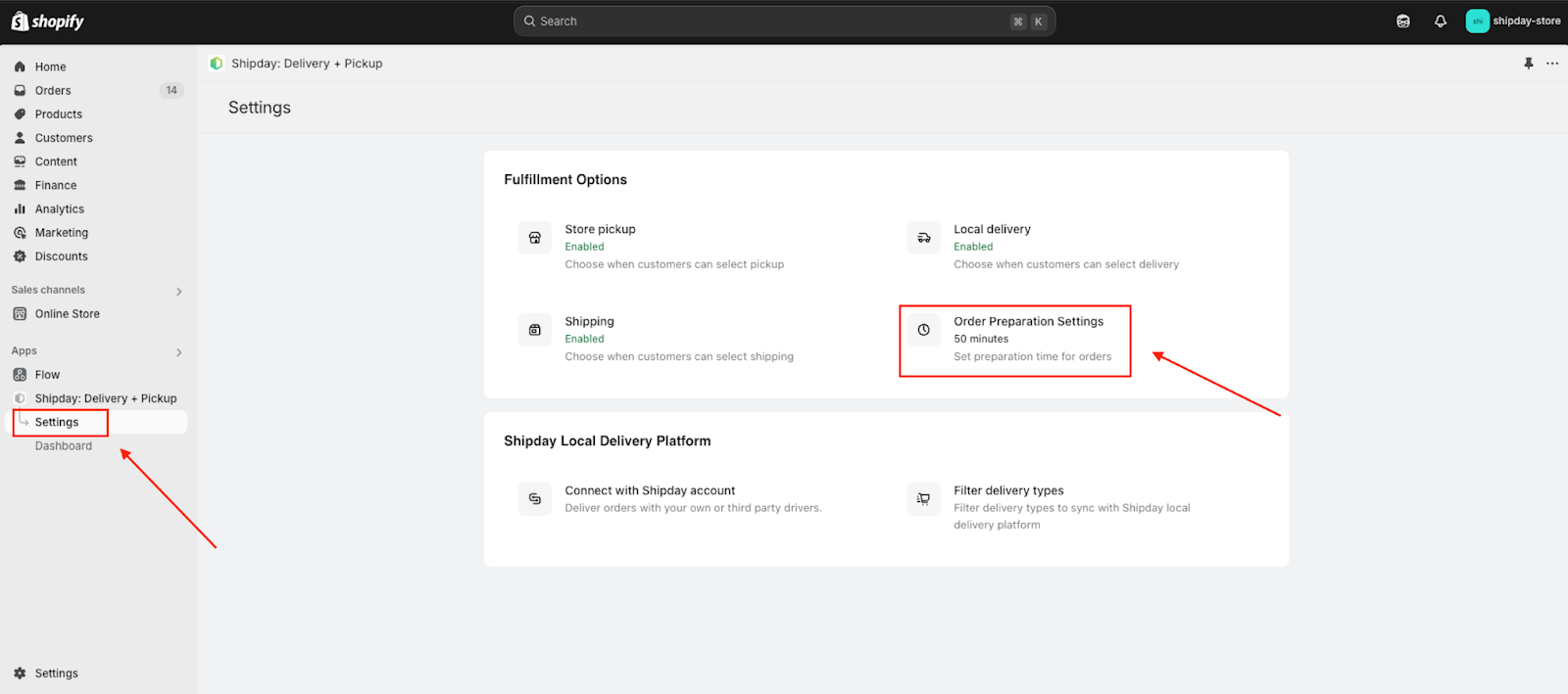 Order Preparation Settings in the Shipday app settings in Shopify