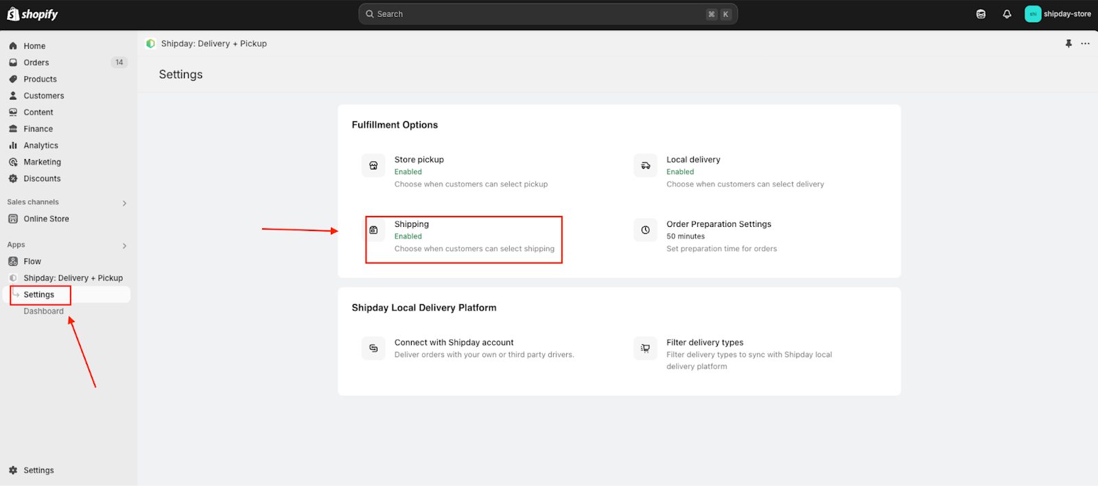 Shipping in the Shipday app settings in Shopify