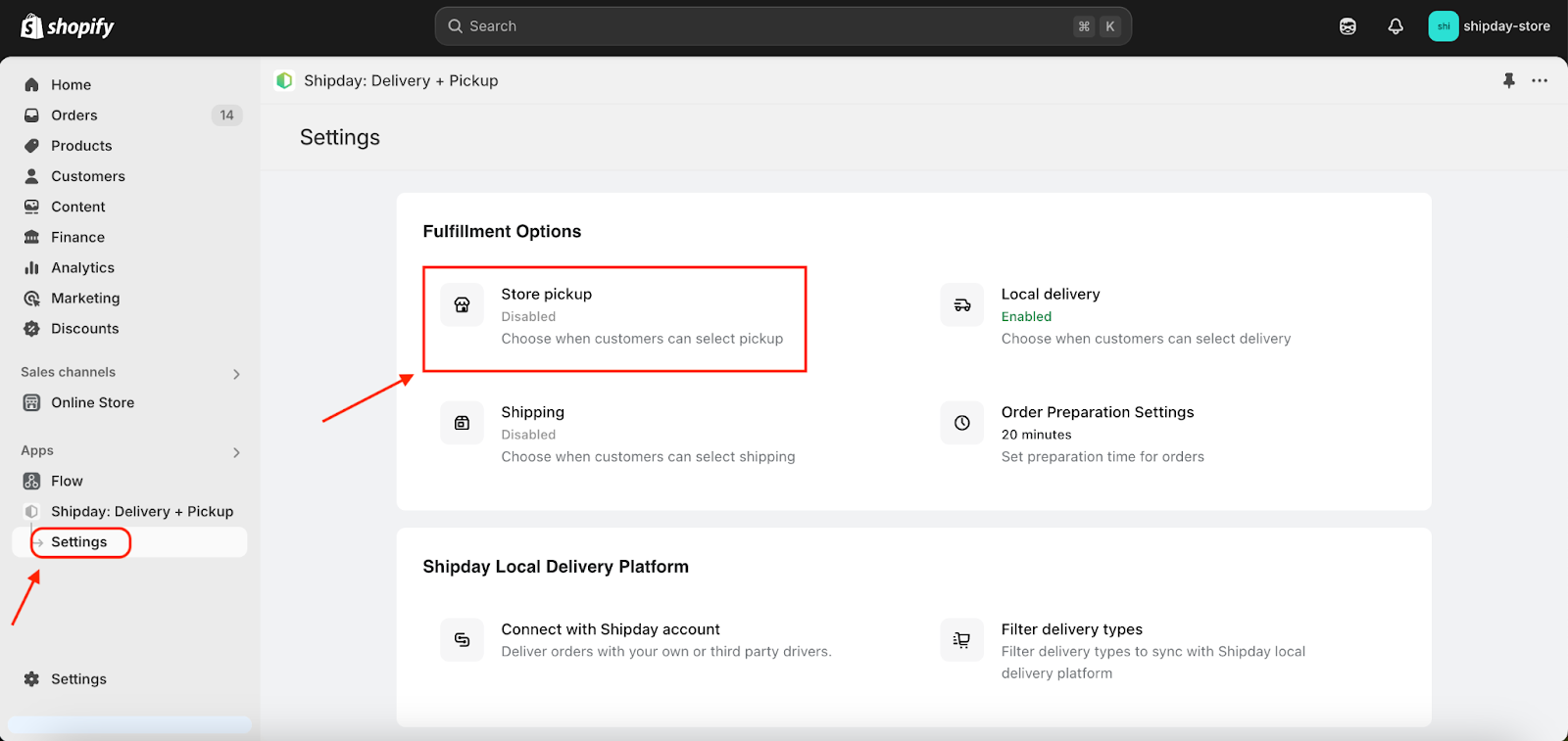 Store pickup in the Shipday app settings in Shopify