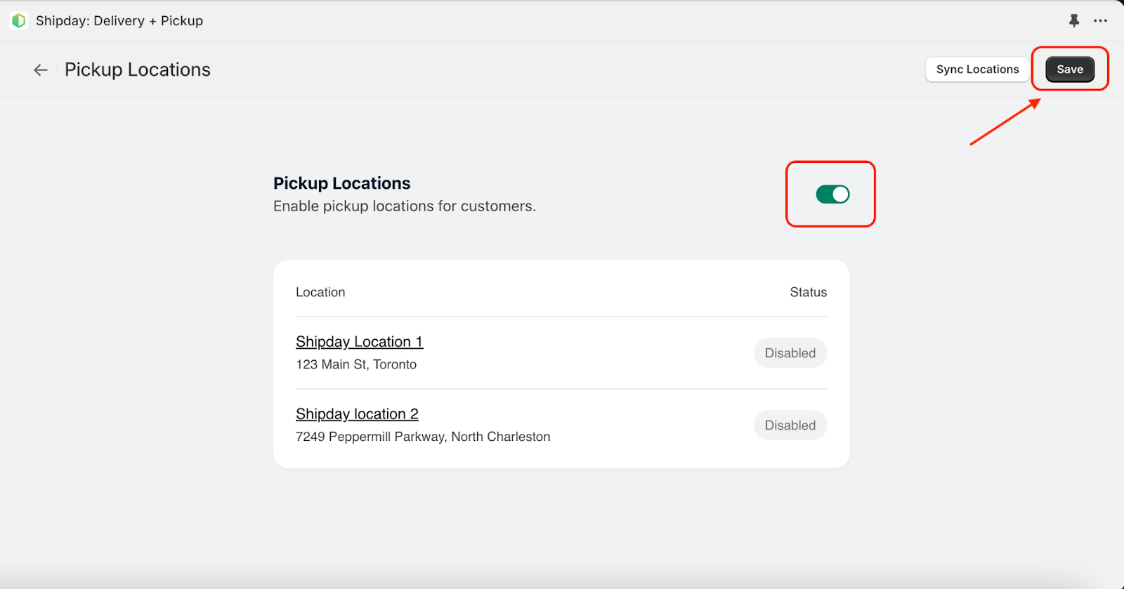 Store pickup toggle and Save button
