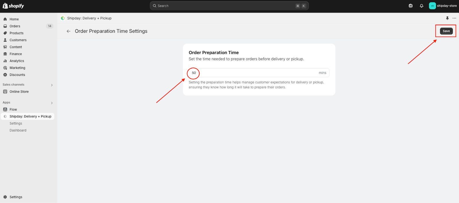 Minimum order preparation time field in minutes