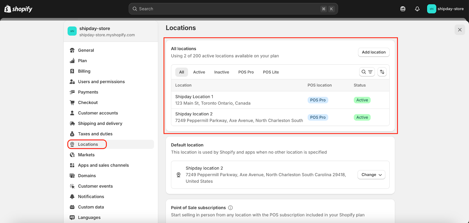 Locations in Shopify settings