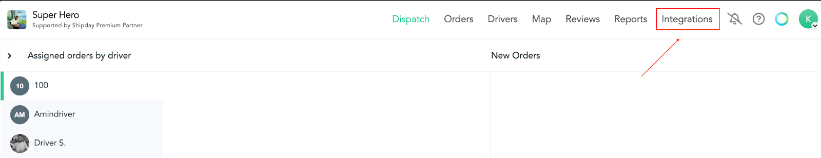 Integrations link at the top of the Shipday dashboard