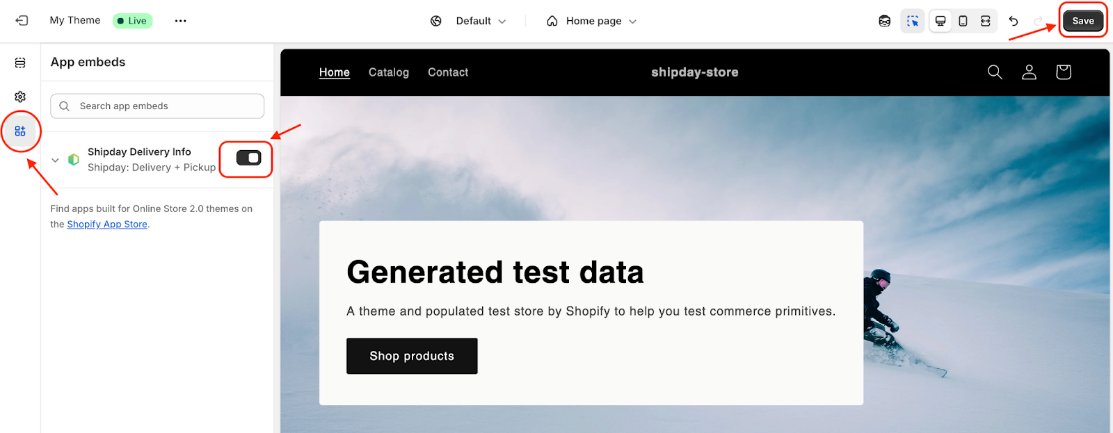 Shipday Delivery Info turned on under App embeds in the Shopify theme editor