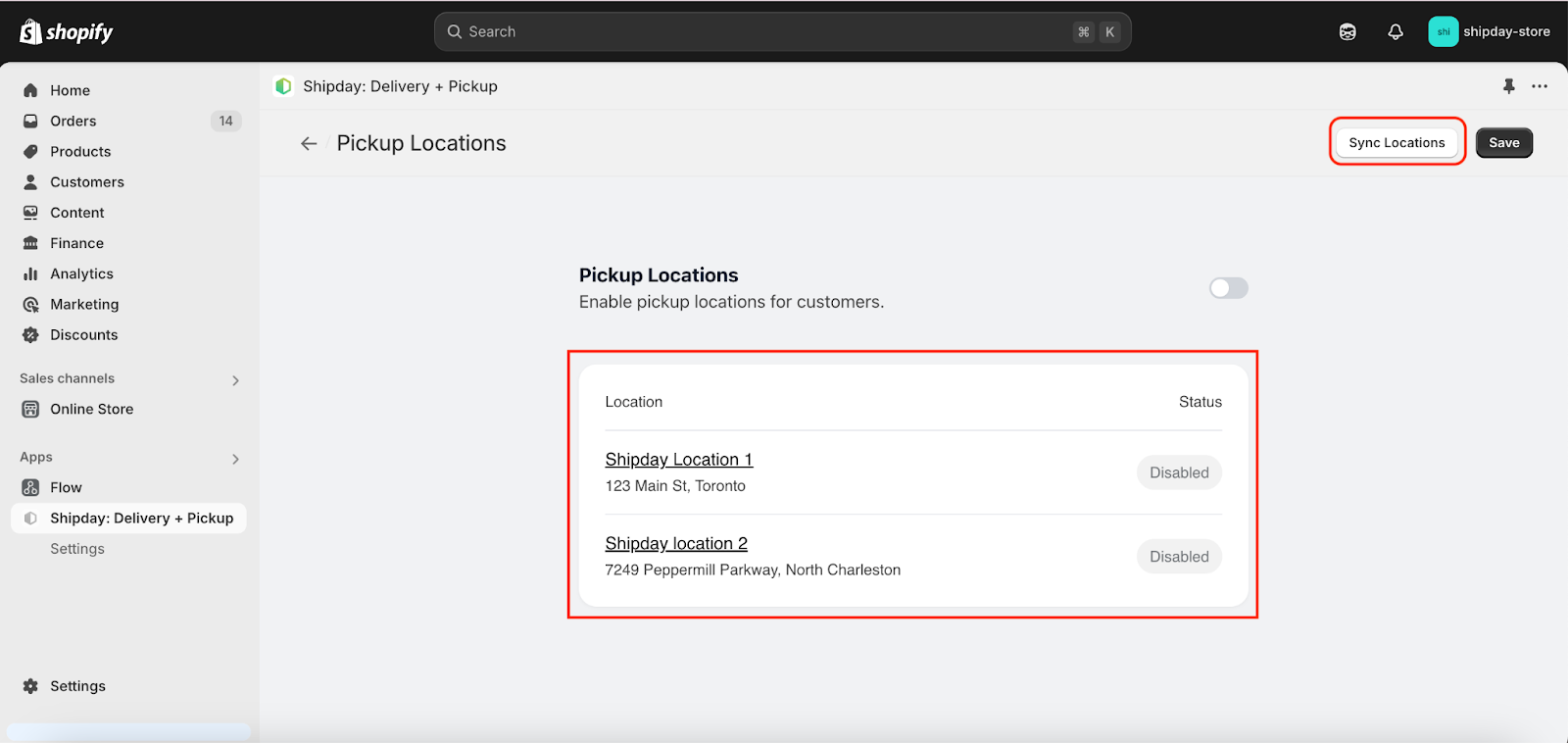 Sync Locations button in the Shipday Shopify app