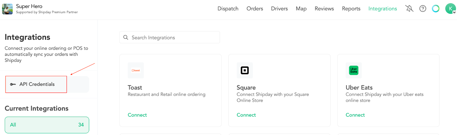API Credentials button on the Shipday Integrations page