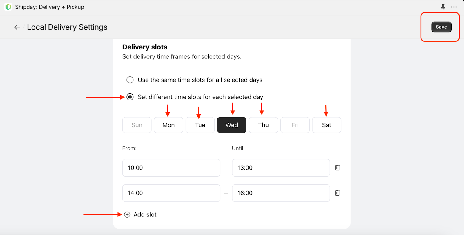 Different delivery time slots for each selected day