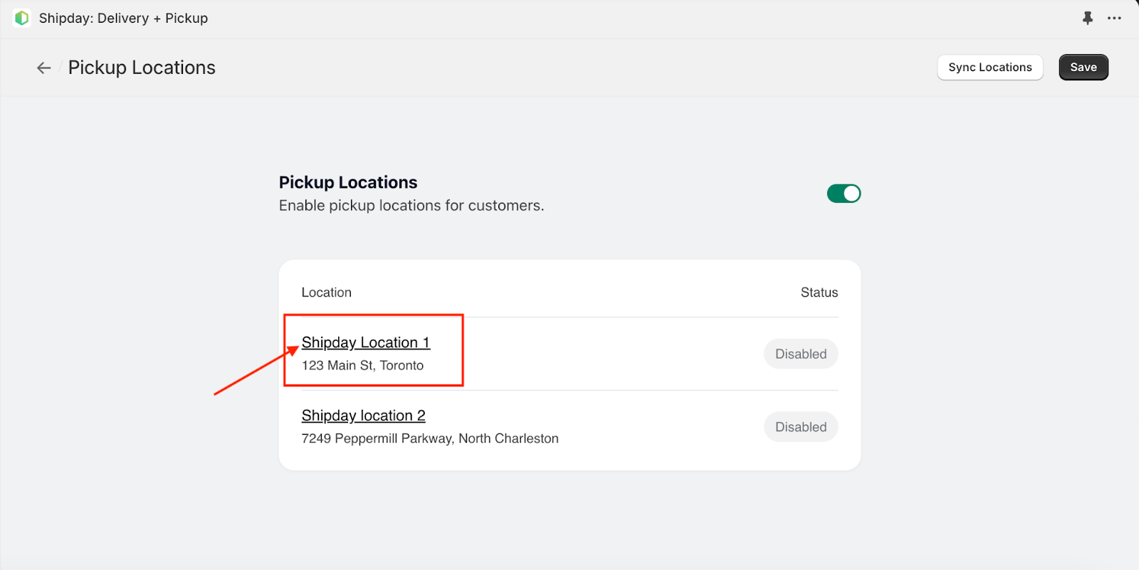 List of store locations in the Shipday Shopify app