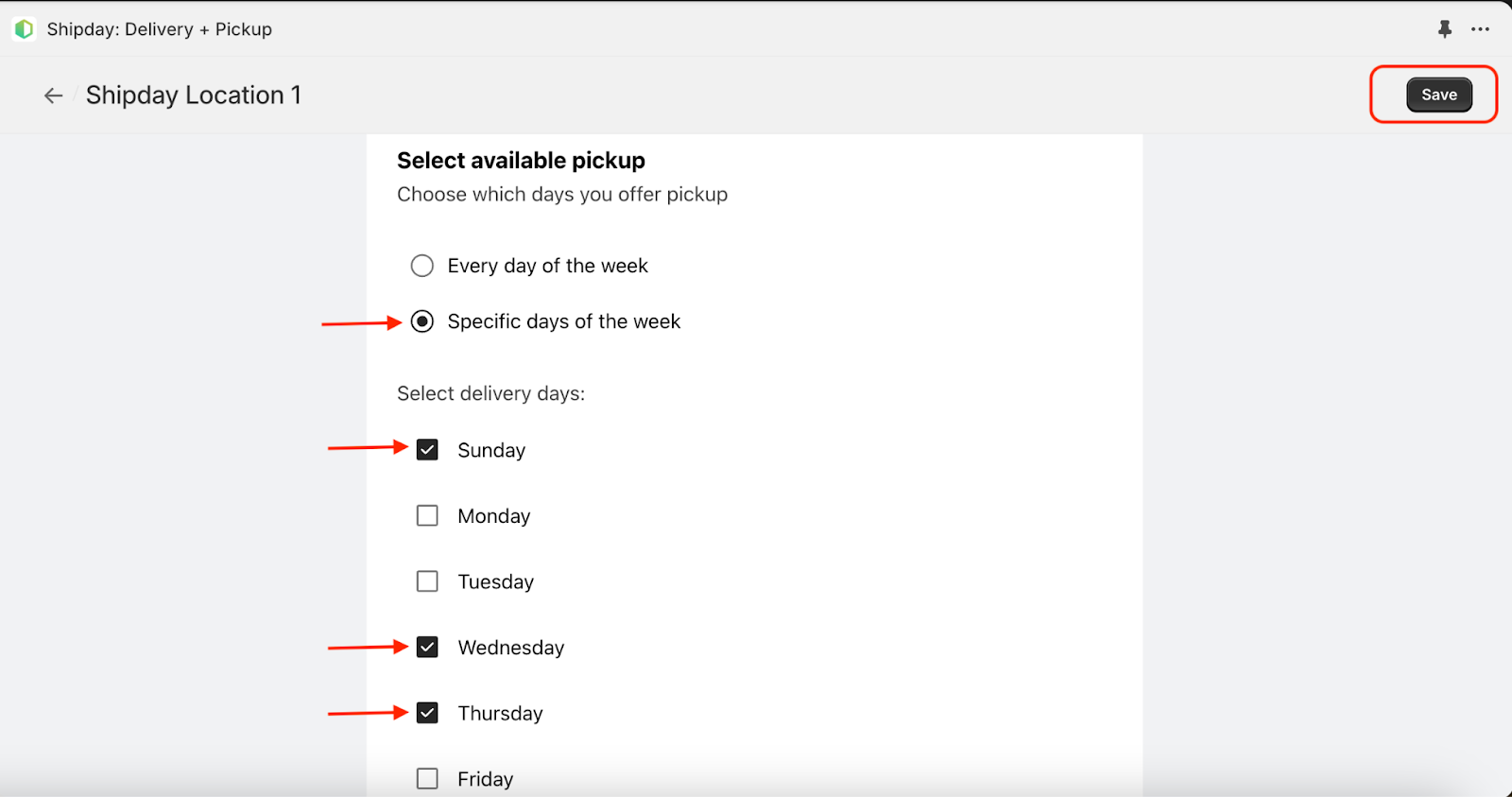 Specific pickup days selected