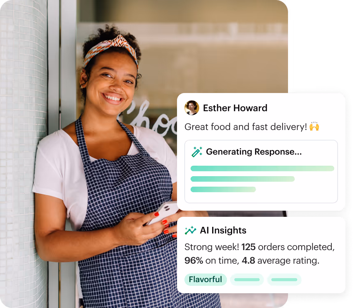 Shipday AI drafting a review response and summarising weekly delivery insights