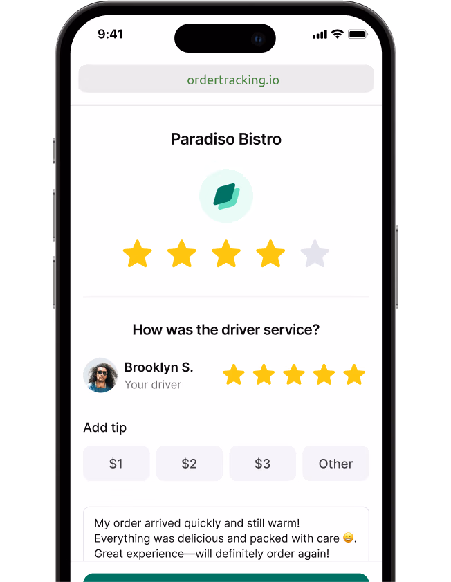 Pantallas de solicitud de reseñas y opiniones de Shipday en un teléfono y una tablet