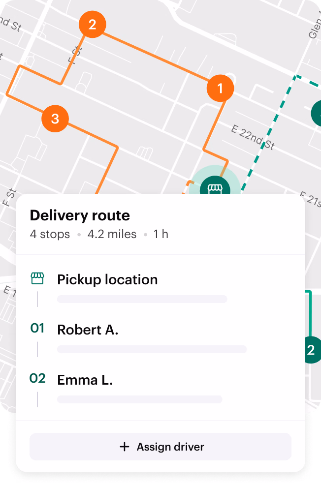 Delivery route with several stops generated on a map