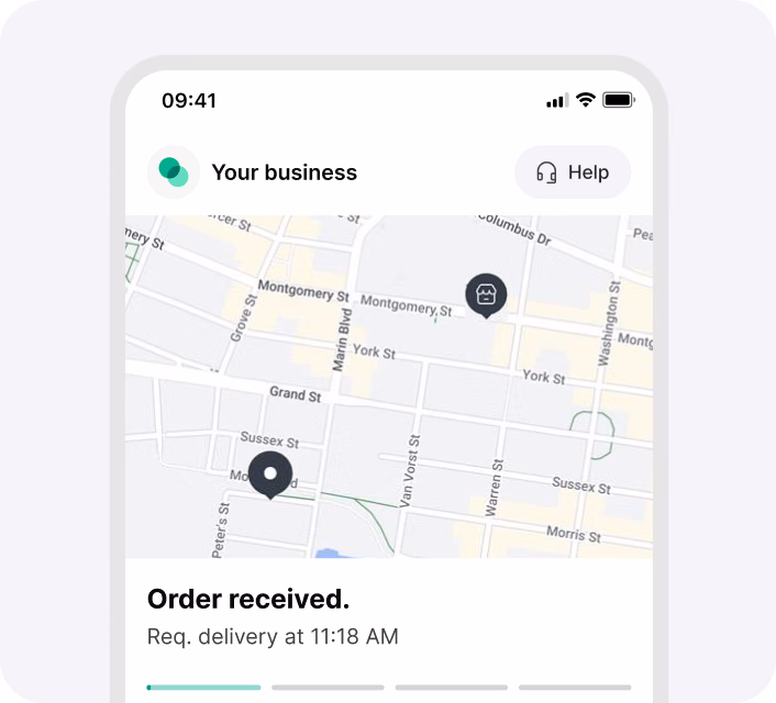 Customer tracking page showing the order received, a map and the driver