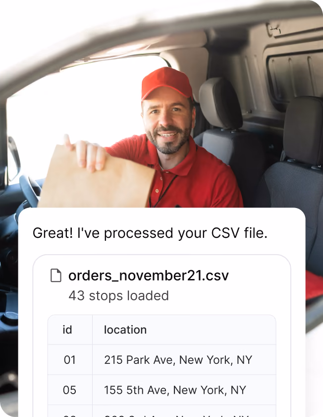 Smiling driver handing over a paper bag next to a CSV file with 43 stops loaded