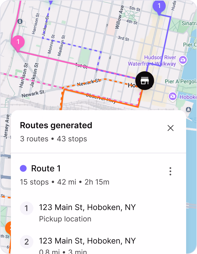 Three generated routes with 43 stops split across drivers on a map
