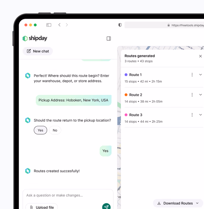 Shipday free route planner with three optimized routes on a map next to the AI chat