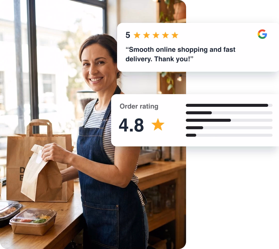 Smiling cafe owner packing a takeaway order, with a 5-star Google review and a 4.8 order rating shown beside her