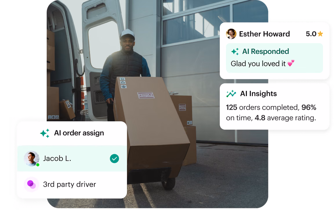 Delivery driver with a parcel trolley next to Shipday AI order assignment and AI insights cards