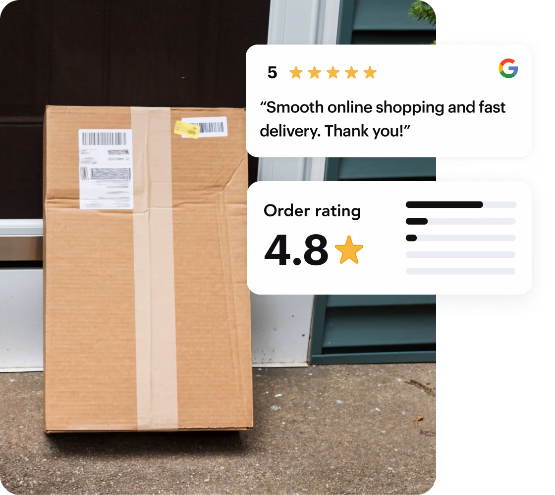 Cardboard parcel at a front door, with a 5-star Google review and a 4.8 order rating from Shipday