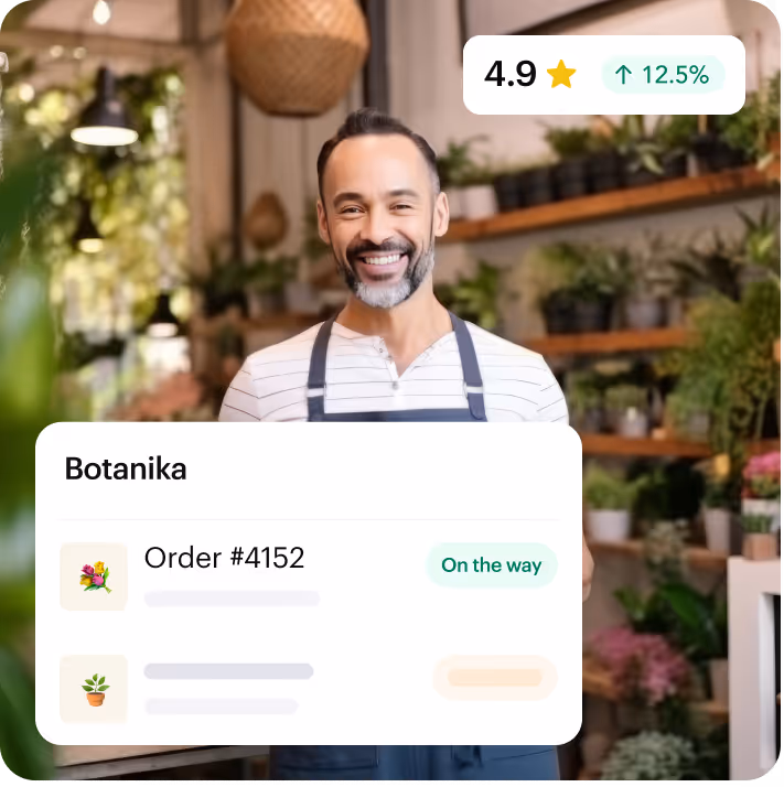 Dueña sonriente de una tienda de plantas, con un pedido de Shipday en camino y una calificación de 4.9