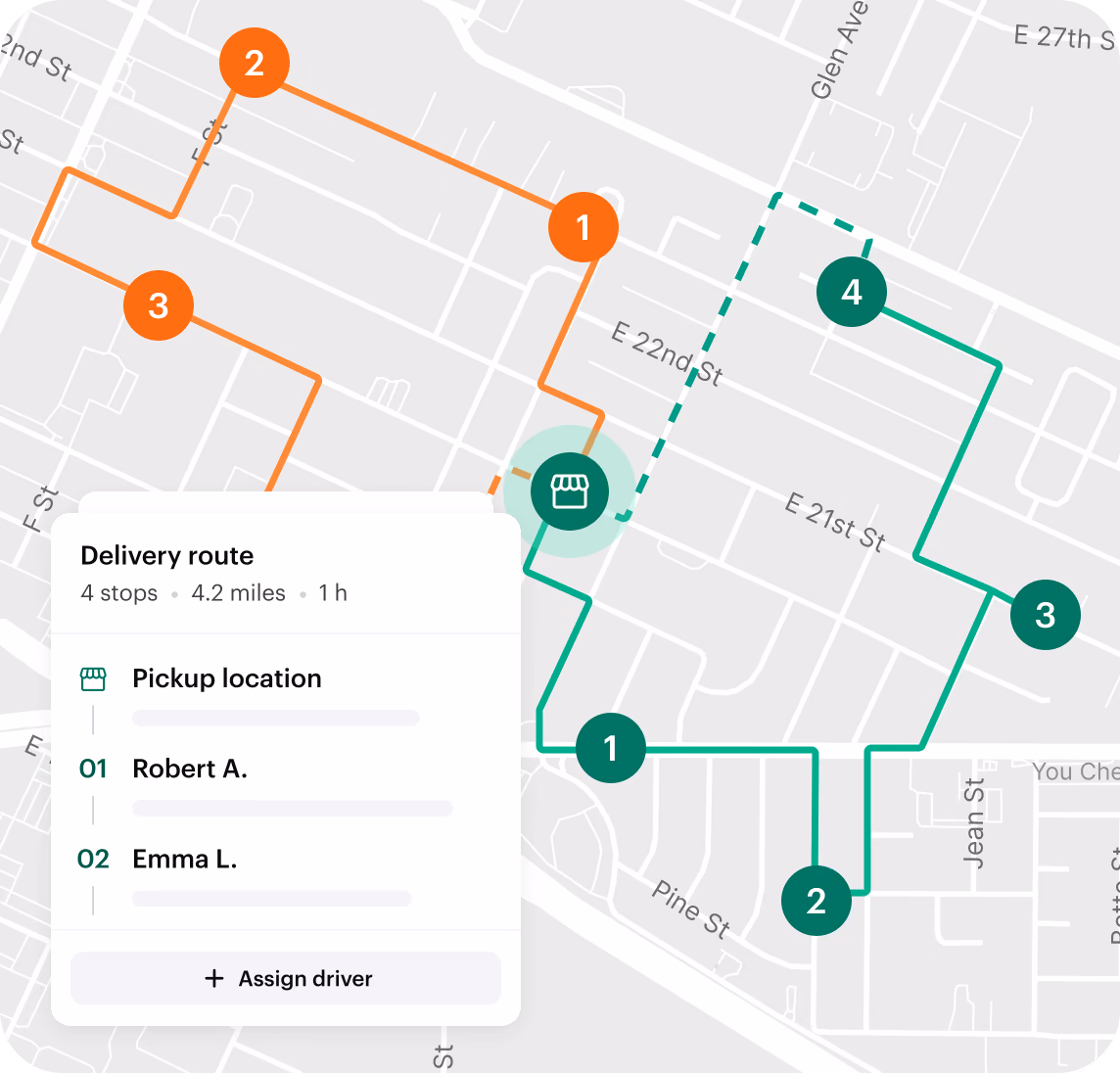 Delivery route with four stops on a map, ready to assign to a driver
