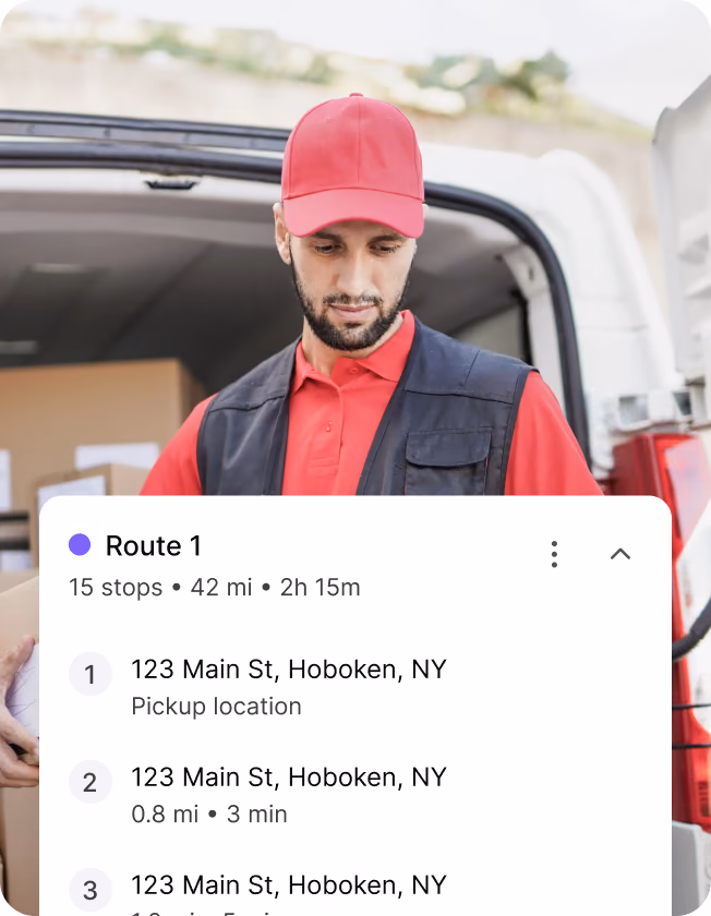 Delivery driver checking his phone next to an optimized route with three stops