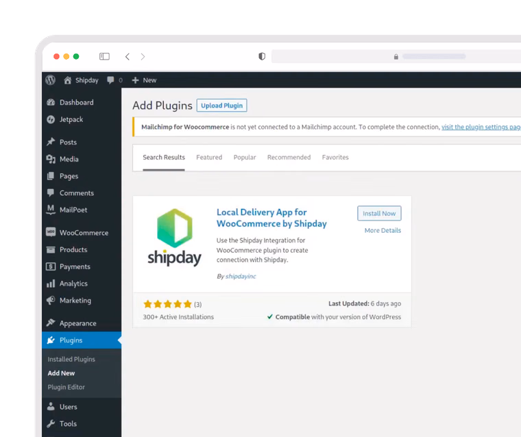 WordPress Add Plugins page with the Shipday plugin and an Install Now button