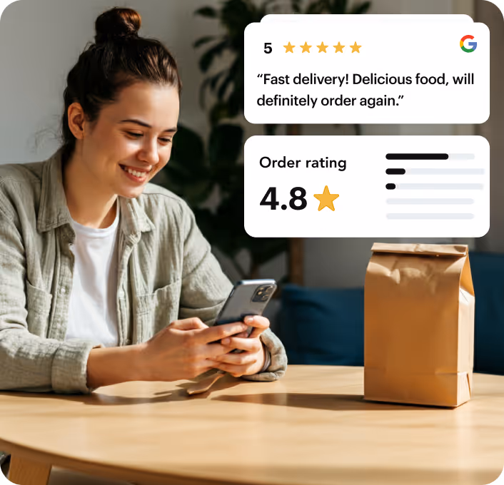 Customer leaving a 5-star review after a flower delivery